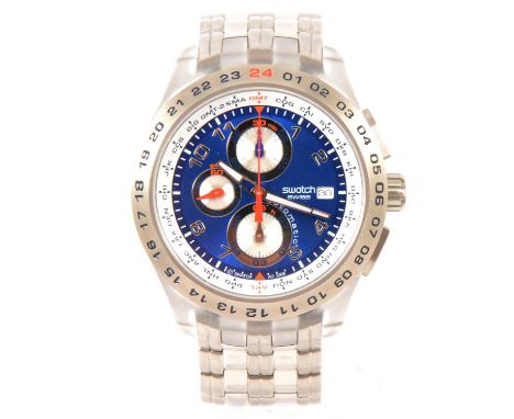 Swatch - a gentleman’s Blunge automatic chronograph wristwatch, 36mm circular blue dial with white time zone rim, with arabic