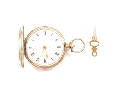 A silver full hunter pocket watch, 40mm white enamel dial with roman numeral chapter ring in a silver plain polished 48mm cas