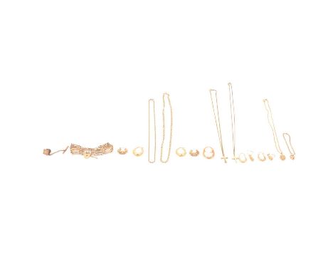 A collection of gold chains, pendants and earrings, gate link bracelet, tie tac etc, weighing 33g, two base metal chains not 