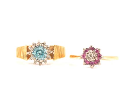 Two gemset rings, a vintage circular cluster set with a heat treated blue zircon surrounded by twelve small diamonds in a Bra
