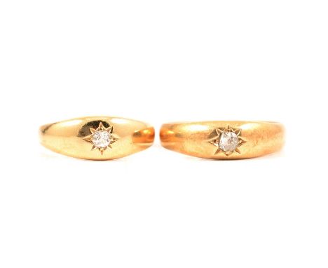 Two 18 carat yellow gold diamond star gypsy set rings, both old cut diamonds in polished tapered bands, hallmarked Chester 19