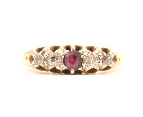 A ruby and diamond five stone ring, a circular eight cut ruby and four old cut diamonds graduating in size, claw set in an 18