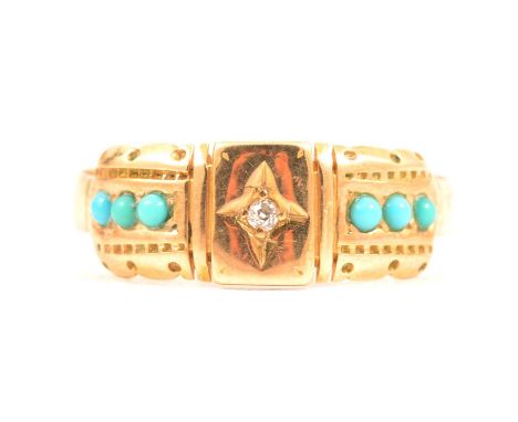 A Victorian turquoise and diamond ring, a small rose cut diamond star set on a rectangular head of an 18 carat yellow gold ri