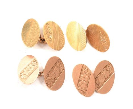 Two pairs of 9 carat rose gold oval chain link cufflinks, one pair with a diagonal floral panel, Birmingham 1896, 6.4g; the o
