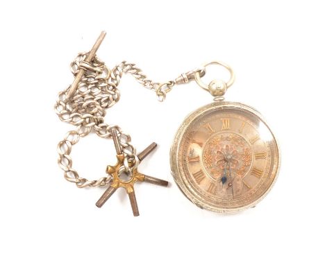 An open face pocket watch and silver chain, the pocket watch having a silvered dial with raised gilt Roman numeral chapter ri