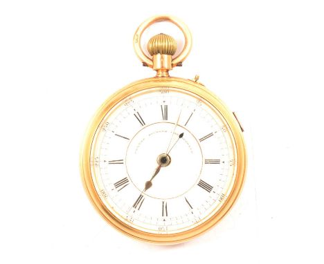 An 18 carat yellow gold "Centre Seconds Chronograph" open face pocket watch, the white enamel dial having a Roman numeral cha