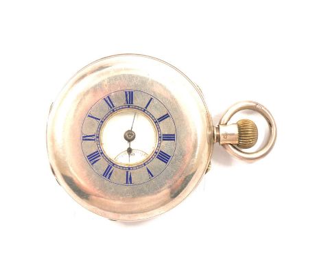 A silver half hunter pocket watch, 40mm white enamel dial with roman numeral chapter ring and subsidiary seconds dial, in a s