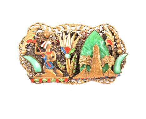Brooch influenced by Egyptian Revival, probably Max Neiger of Goblonz with simulated jade and enamel , images of palm trees, 