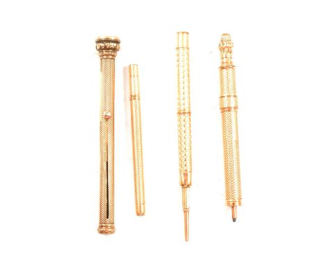 An S Mordan &amp; Co yellow metal combination retractable pen and pencil, engine-turned design, vacant cartouche, bloodstone 