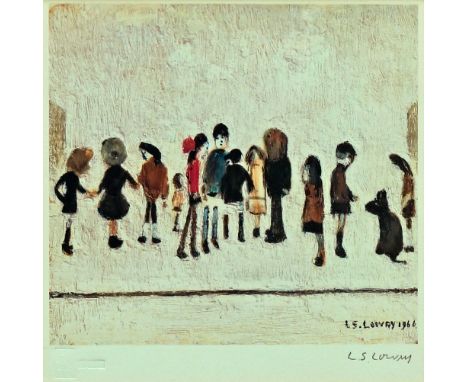 Laurence Stephen Lowry RA RBA LG NS, British 1887-1976- "Group of Children"; colour reproduction print, signed in pencil, bea