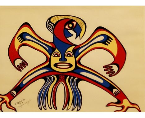 Daphne Odjig, Canadian b.1919- "Spirit of the Mighty Thunderbird"; screenprint in colours, signed and dated 68 within the pla