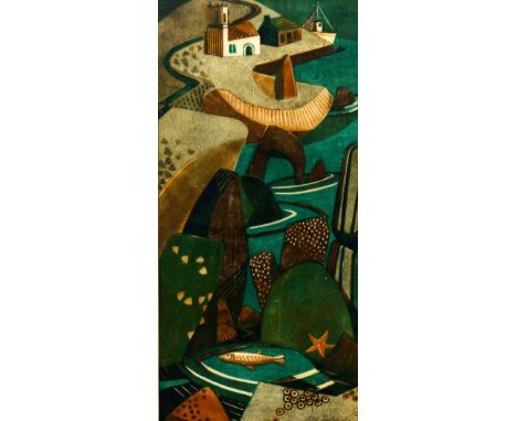 Lill Tschudi, Swiss 1911-2004- "Im Hafen"; linocut in colours, signed and numbered 5/50 in pencil, 37.5x17.8cm CONDITION REPO