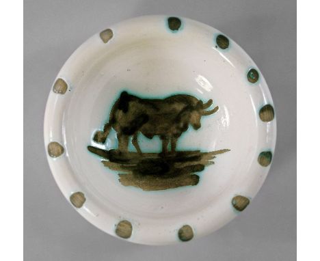Pablo Picasso, Spanish 1881-1973- "Taureau" (AR177); white earthenware bowl, partially glazed with white enamel and decorated