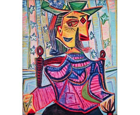 After Pablo Picasso, Spanish 1881-1973- "Seated Portrait of Dora Maar", publ by Felix Rosenstiel's Widow & Son; gouttelette p