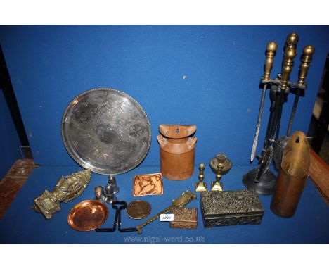 A quantity of metals including companion set, door knocker, candlesticks, plated cruet, boxes etc.