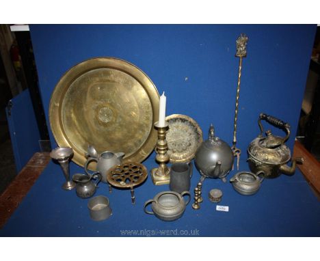 A quantity of brass and pewter including trivet, kettle, teapots, candlestick etc.