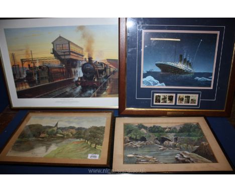 Two prints to include Eric Bottomley, Departure at Leominster and D. Adain, Titanic Final Hour together with two watercolours