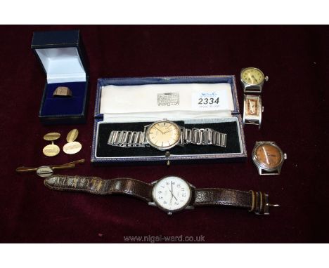 Five gent's watches including Timex, Vertex, Oris etc., a/f, tie pin, cuff-links, gold signet ring, etc.,