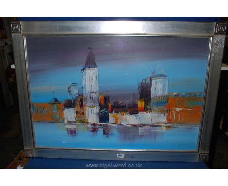 A large Oil on canvas depicting a Venetian scene, signed by artist, Wilkinson.