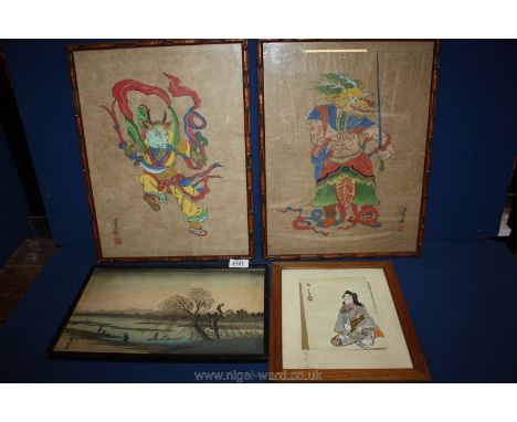 After Heroshige, Watercolour of a seated Geisha girl, a Japanese woodblock print, Hong Kong label verso circa 1920's and a pa
