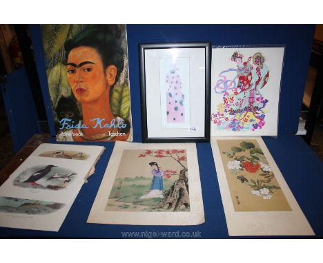 A Frida Kahlo poster book, three oriental pictures, and a framed Anne Cluzel prints, 'Flamenco' etc.