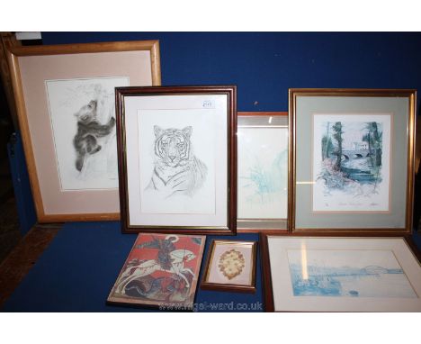 A quantity of prints including a bear climbing a tree, a tiger, Betws-y-Coed etc.