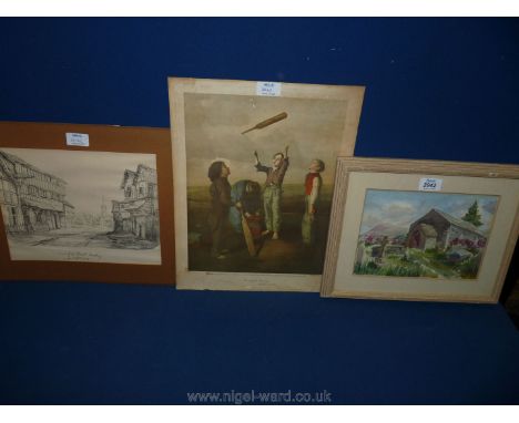 A framed and mounted Watercolour of a chapel and graveyard, and an unframed print 'Tossing for Innings' by R. James.