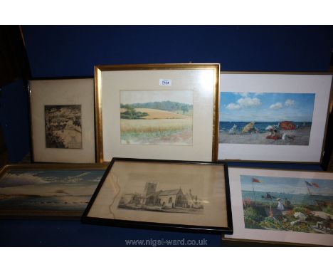A quantity of paintings and prints including a watercolour of fields in a gold frame,small oil on canvas by W. Trotman of shi