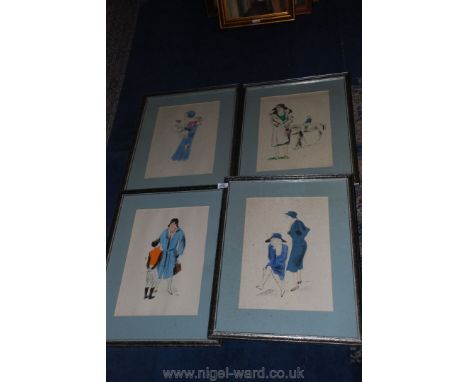 Four framed and mounted Prints depicting well dressed ladies at the races with horses and jockeys, etc.,