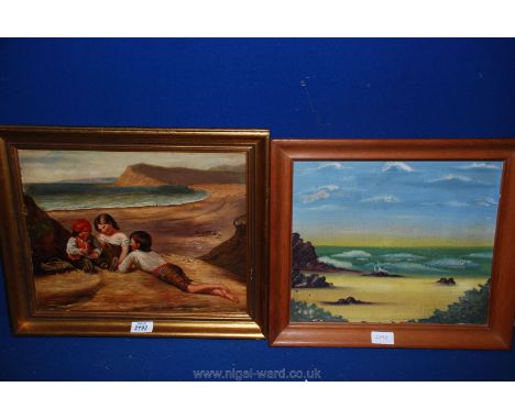 A framed unsigned Oil on board of a seascape along with an unsigned Oil on canvas depicting a beach scene with three children