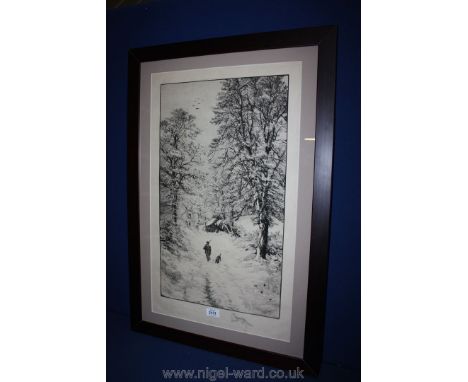 A beautiful Etching of a hunter with his dog in a winter landscape by Edward Slocombe, RPE, (1850-1914) published in 1877, wi