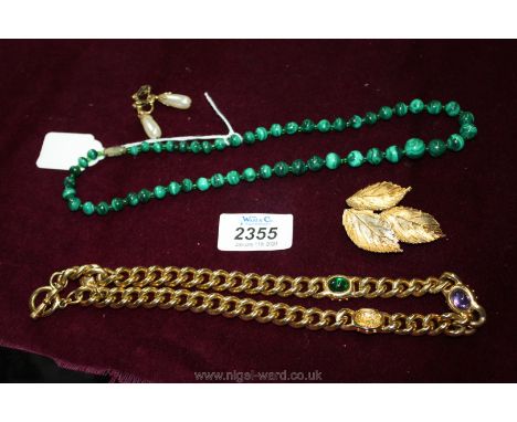 A heavy yellow metal Chain having simulated coloured jeweled details, 17 1/2'' long approx, pair of pearl type drop earrings 