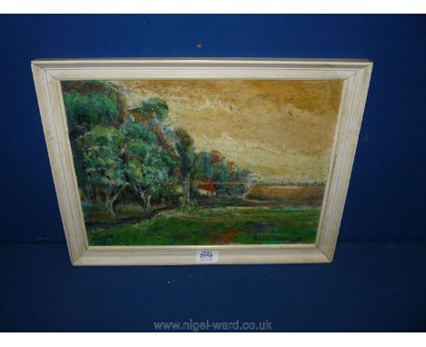 An impressionist landscape, Oil on board of cottage in woodland  signed lower right, R. Deschout.