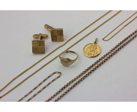 A pair of 9ct gold cufflinks by K Weiss, a 9ct gold signet ring, a 9ct St Christopher pendant, three light gauge chains, and 