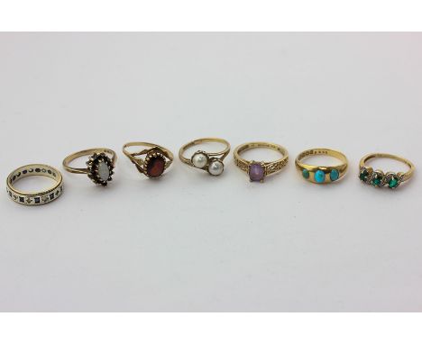 A turquoise ring in 18ct gold, and six various 9ct gold and gem set rings