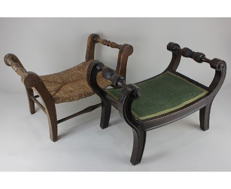 A 19th century wooden stool with rattan seat and turned supports, together with a Regency style mahogany stool with green uph