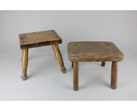 A rustic oak rectangular stool on four legs, together with a Continental painted stool on baluster legs