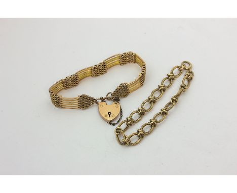 A 9ct gold gate link bracelet with padlock clasp, and another with rope twist links, 49g
