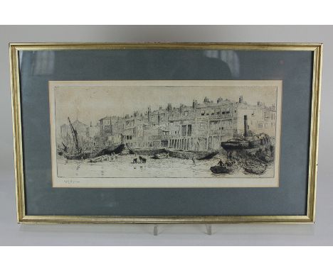 William Lionel Wyllie RA (1851-1931), Cherry Gardens, Rotherhithe, etching, signed in pencil, 17cm by 36.5cm