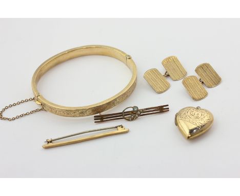 A 9ct gold bangle, a pair of 9ct gold cufflinks, two bar brooches, and a gold cased locket