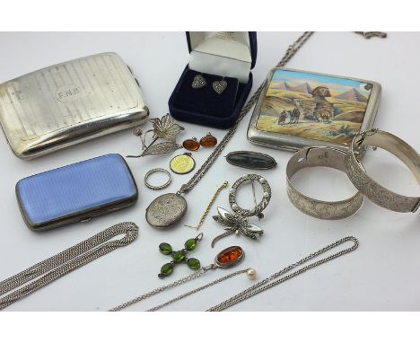 A quantity of silver jewellery including two silver and enamel cigarette cases