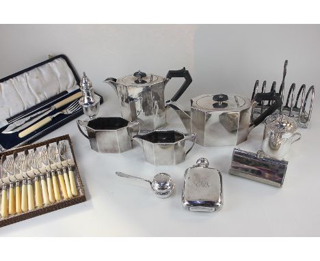 A Daniel &amp; Arter silver plated hip flask, a Mappin &amp; Webb sugar shaker, a four-piece Art Deco tea set, and other item