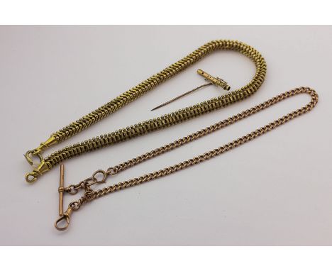 A 9ct gold curb link watch chain with 'T' bar and swivel, 30.9g, a gilt metal neck chain, and a flute shaped stick pin