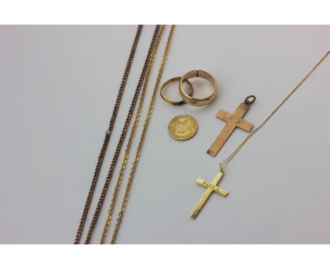 A 9ct gold ring, cross pendant, another on chain, oval link neck chain, curb link neck chain, 25g, a 22ct gold ring, 2g, and 