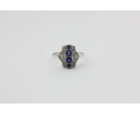 A 1920's sapphire and diamond plaque ring in platinum on 18ct white gold
