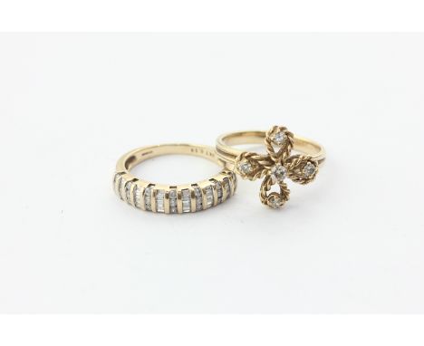 A diamond ring of ropework quatrefoil design set with five diamonds in 9ct yellow gold, a diamond ring channel set with bague