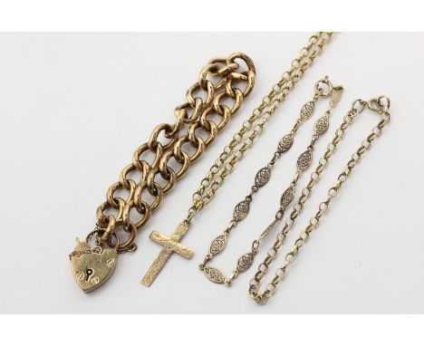 A 9ct curb link bracelet, a 9ct filigree bracelet, a 9ct bracelet (gilt bolt ring), and a 9ct neck chain and cross pendant, 3
