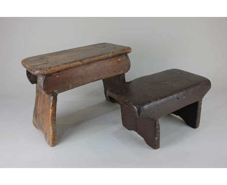 A 19th century rustic pine stool with a smaller similar painted example