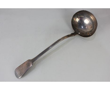 A George IV fiddle pattern soup ladle, crested, London 1823, together with five Victorian silver  fiddle pattern teaspoons by