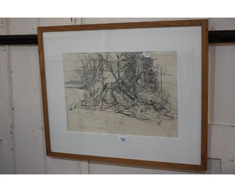 Olwyn Bowey RA (b.1936), wooded country track before a gate, pencil on paper, signed, 32cm by 46cm, (ARR)